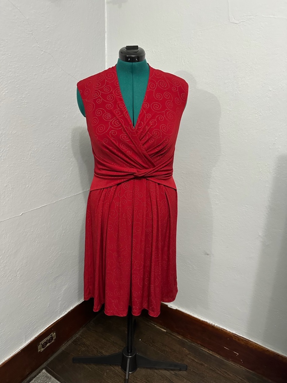 Red Twist-Front Studded Swirl Sleeveless Dress